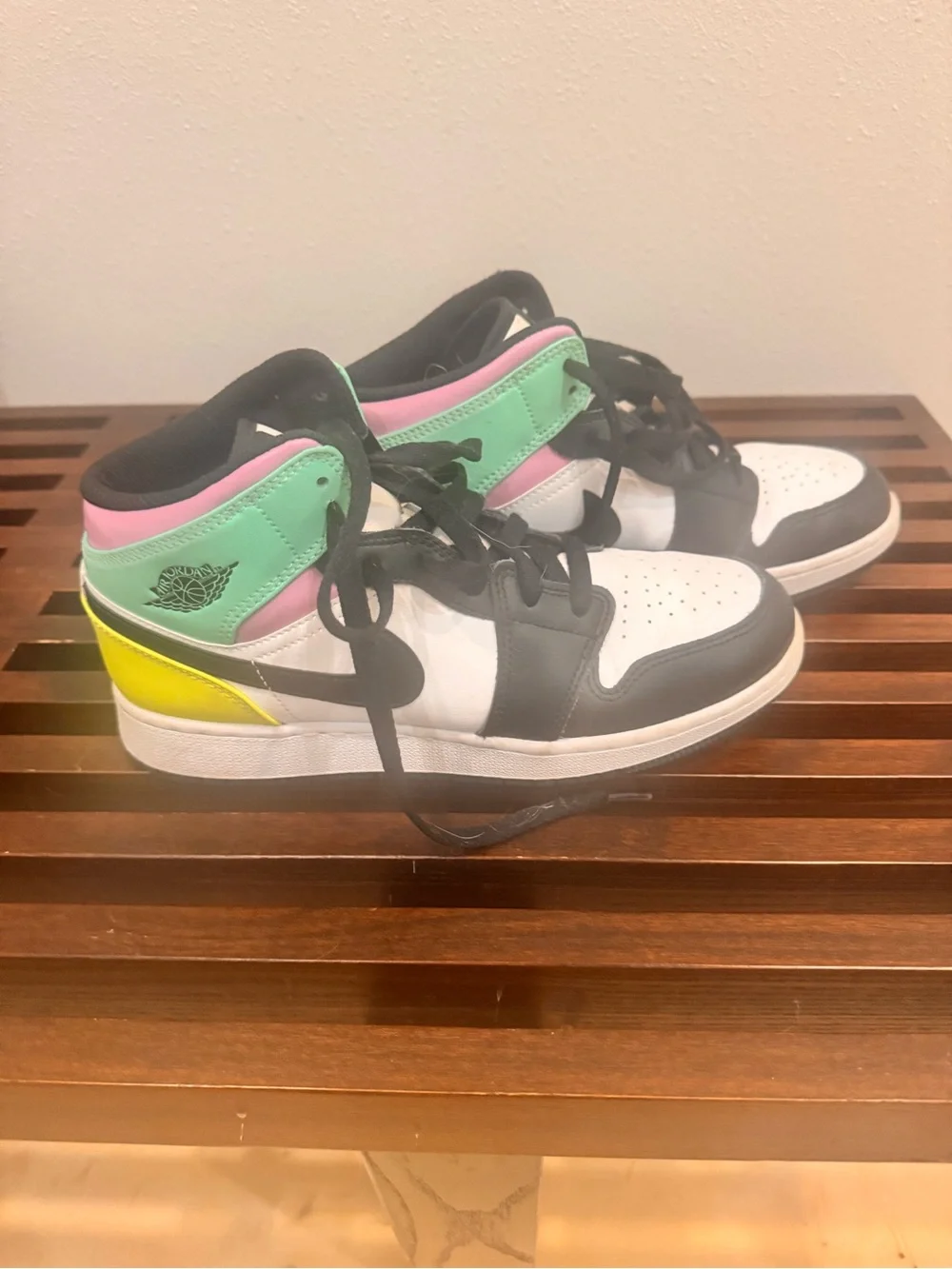 Nike Air Jordan Kids High-Top Sneakers in Black, White, Mint, Pink & Yellow